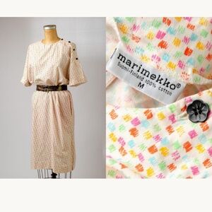 Marimekko 1980s Caftan Dress Button Shoulder Pastel Cotton Dress